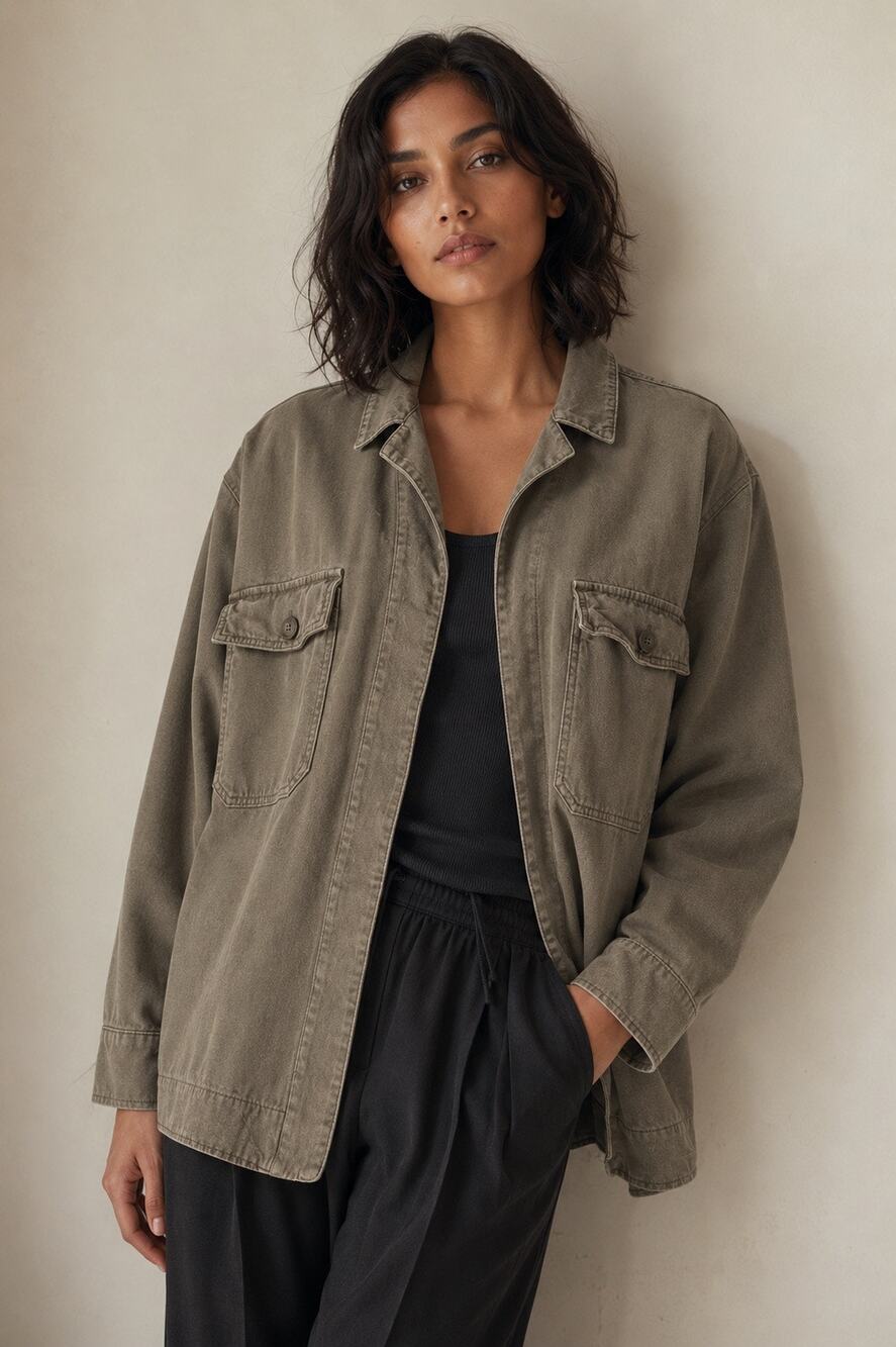 Treasure & Bond Olive Green Tencel Oversized Utility Shirt Jacket Shacket Size L